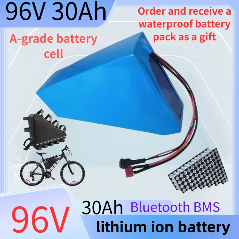 

96V 30Ah triangle lithium ion battery with bluetooth APP BMS 100A continual discharging 5000W 8000W 10KW output and 5A charge