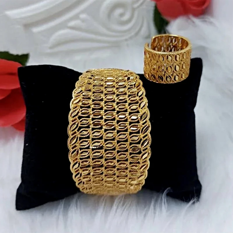 

Open Bangle Ring Set Bridal Wedding Gift Middle East Fashion Jewelry Dubai Cuff Bracelet Gold Color Copper Gold Plated Ring