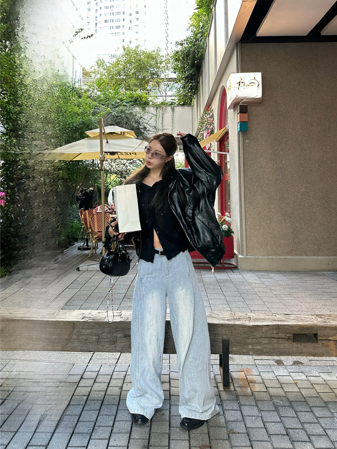 

Свободные прямые джинсы для женщин, осенние, с высокой талией, на пуговицах, из смесового хлопка, с градиентной текстурой, повседневные брюки для работы и отдыха, модные