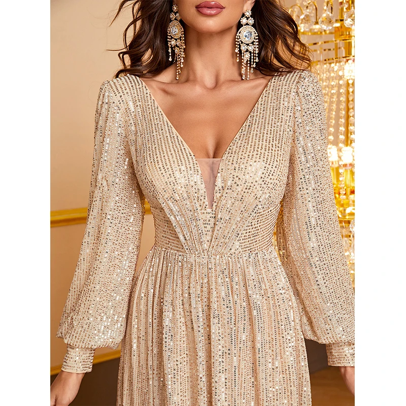 Elegant Women Long sleeve Deep V Neck Sexy Backless Champagne Sequined Evening Party Cocktail Prom Maxi dress