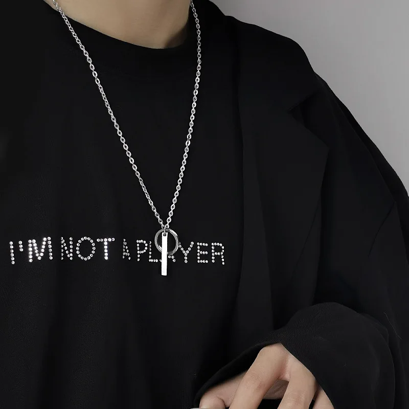 New Geometric Round Hoop Cuboid Pendant Necklace for Women Men Stainless Steel Sweater Chains Hip Hop Neck Chain Pendant Jewelry