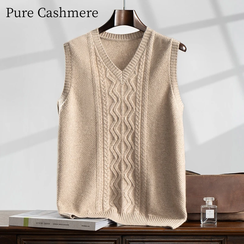 Men's V-neck Sleeveless 100% Pure Goat Cashmere Vest Casual Business Knitted Autumn Winter New Pure Color Fashionable Men's Vest