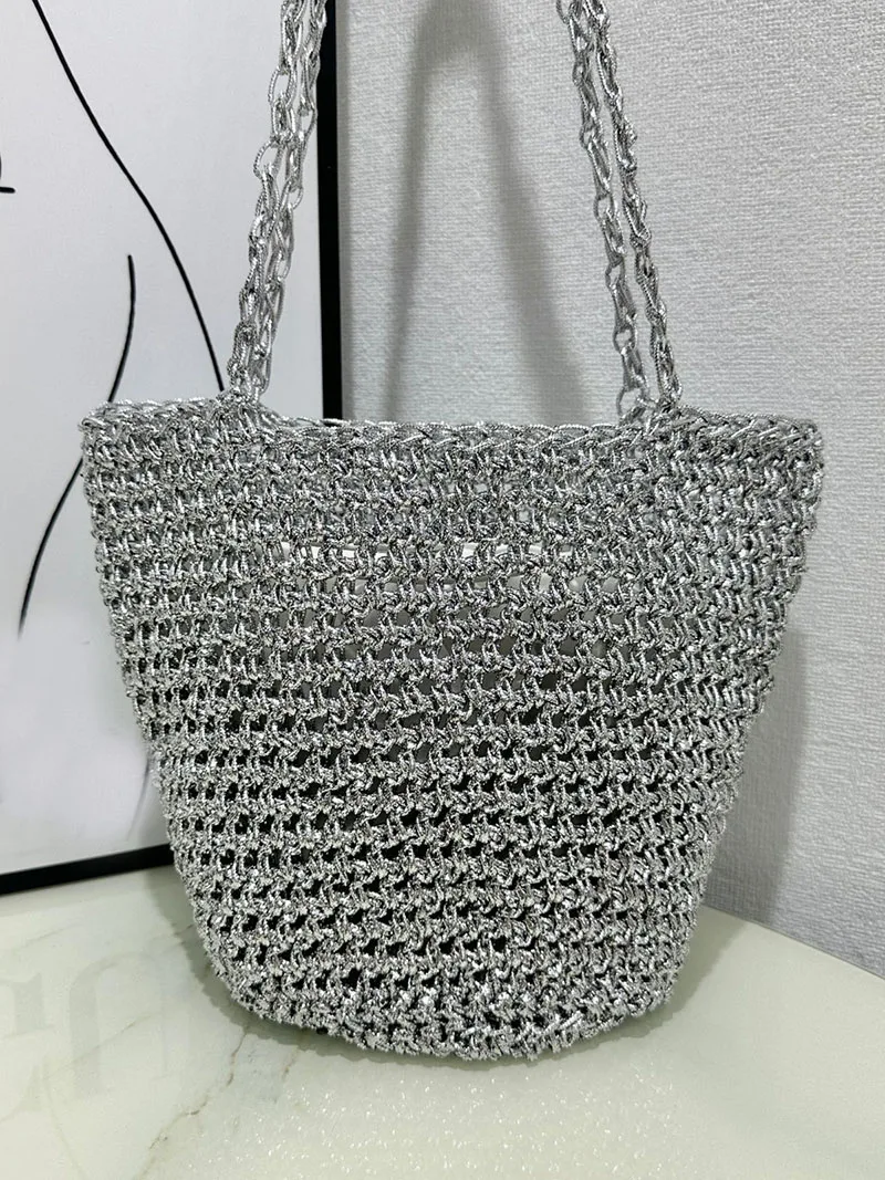 

Hollow Silver Bucket Bag Tote Metal Texture Woven Shoulder Bags for Women Handmade Crochet Knitting Handbag Shopper Tote Hobos