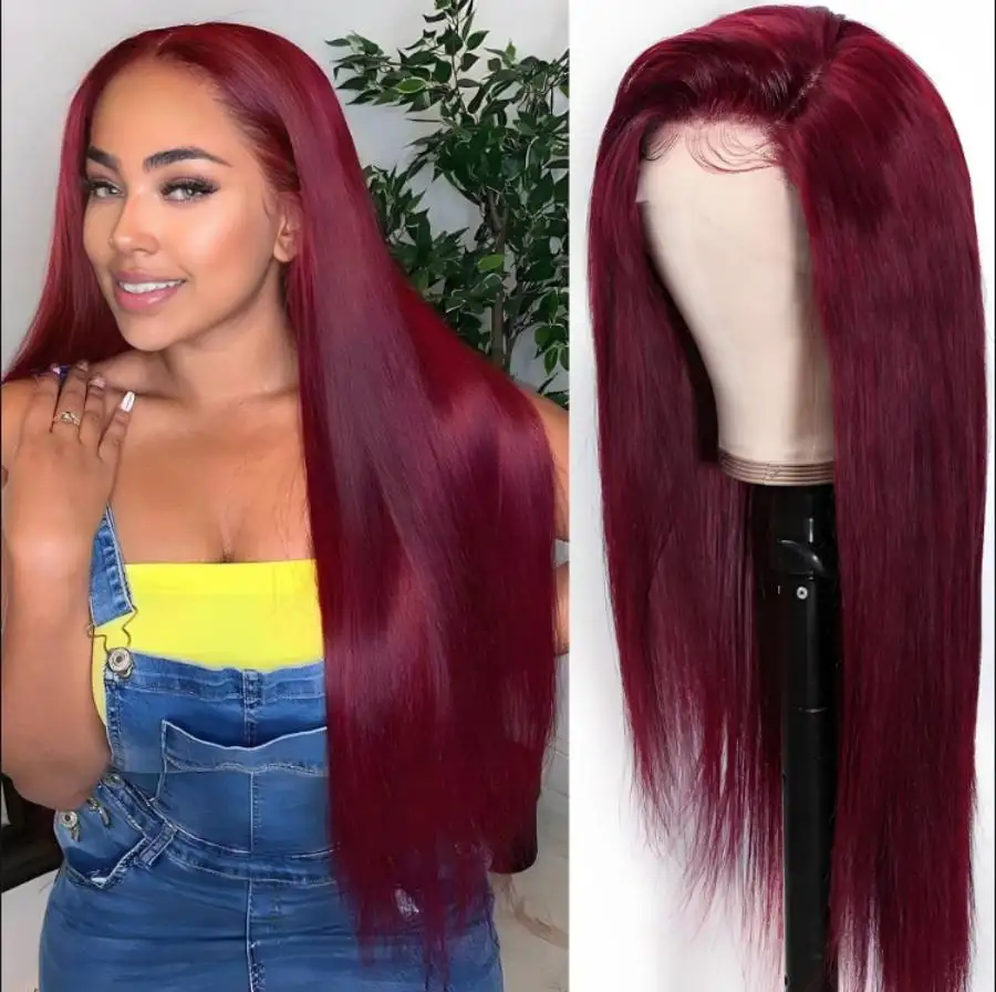

99j Burgundy Straight Human Hair Wigs 200% Dsnsity 13x6 HD Transparen Frontal Lace Human Hair Wigs 100% Human Hair For Women