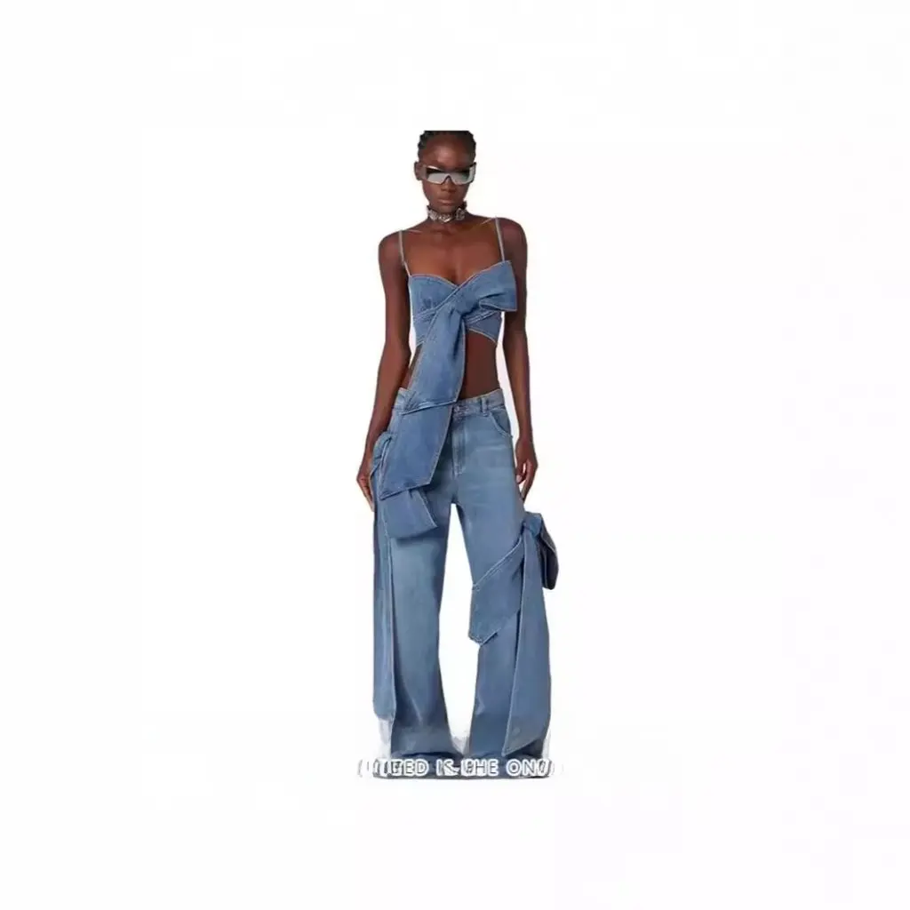 

Vintage Spice Girl Personalized Three-Dimensional Bow Tube Top Vest Knot Straight Tube Wide Leg Jeans Set Women's Fashion