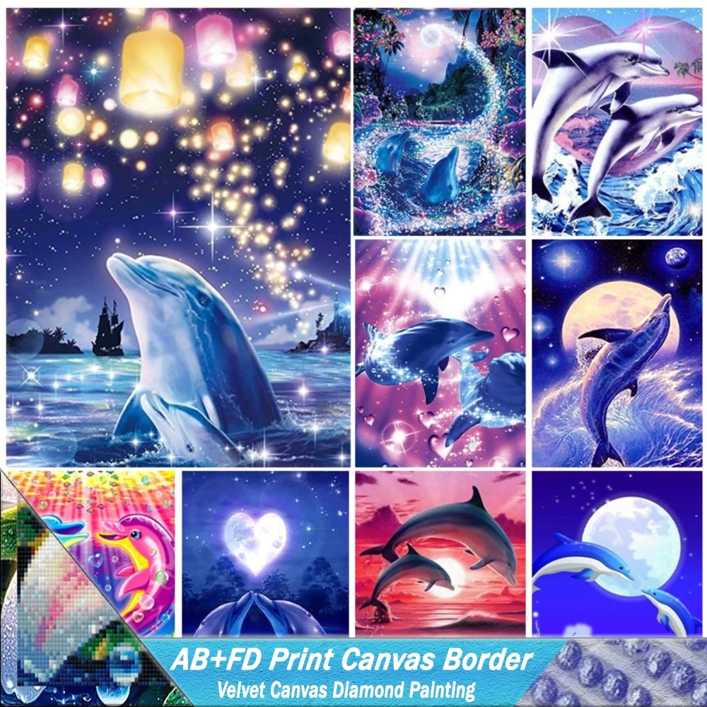 Dolphin Picture 5D AB FD Print Canvas Border Diamond Painting Aquatic Creatures Full Drill Mosaic Kits Rhinestone Embroidery DIY