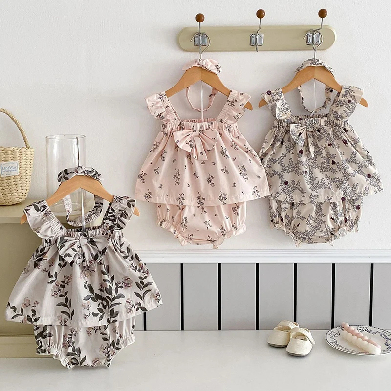 

Summer New Baby Clothing Sleeveless Floral Lace Collar Tops And Bloomer 2 PCS Girls Suit Toddler Tee Set 0-24M