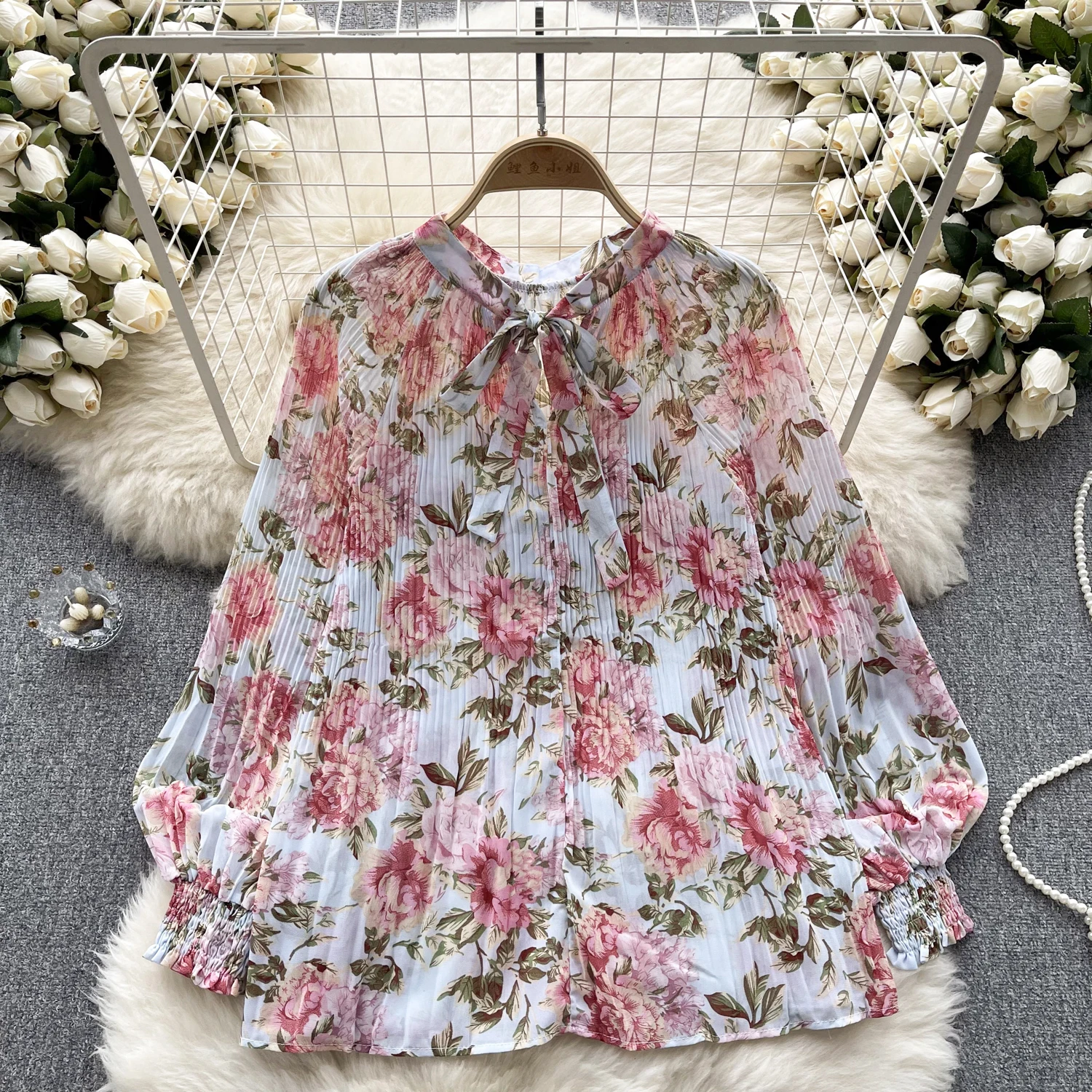 Chic Puff Long Sleeve Print Shirt Vintage Elegant Fashion Casual Blouse Women Bow Y2k Chiffon Summer Top New