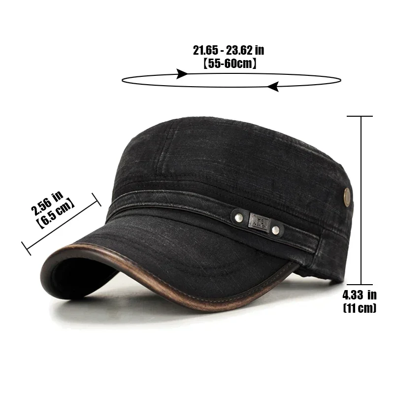 Leather Brim Washed Distressed Cotton Adjustable Military School Flat Cap Sun Hat Trucker Caps Dad Hats