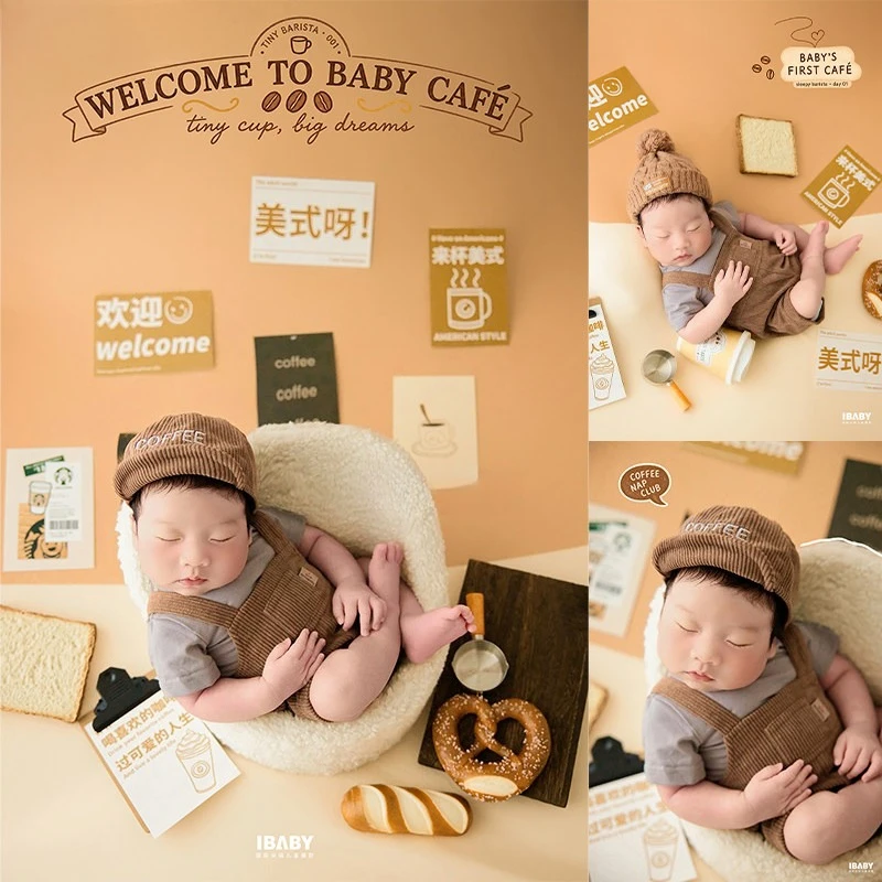 Newborn Photography Props Autumn Cute Suspender Outfit with Knitted Hat Backdrop Coffee Shop Bun Decors Baby Studio Photoshoot