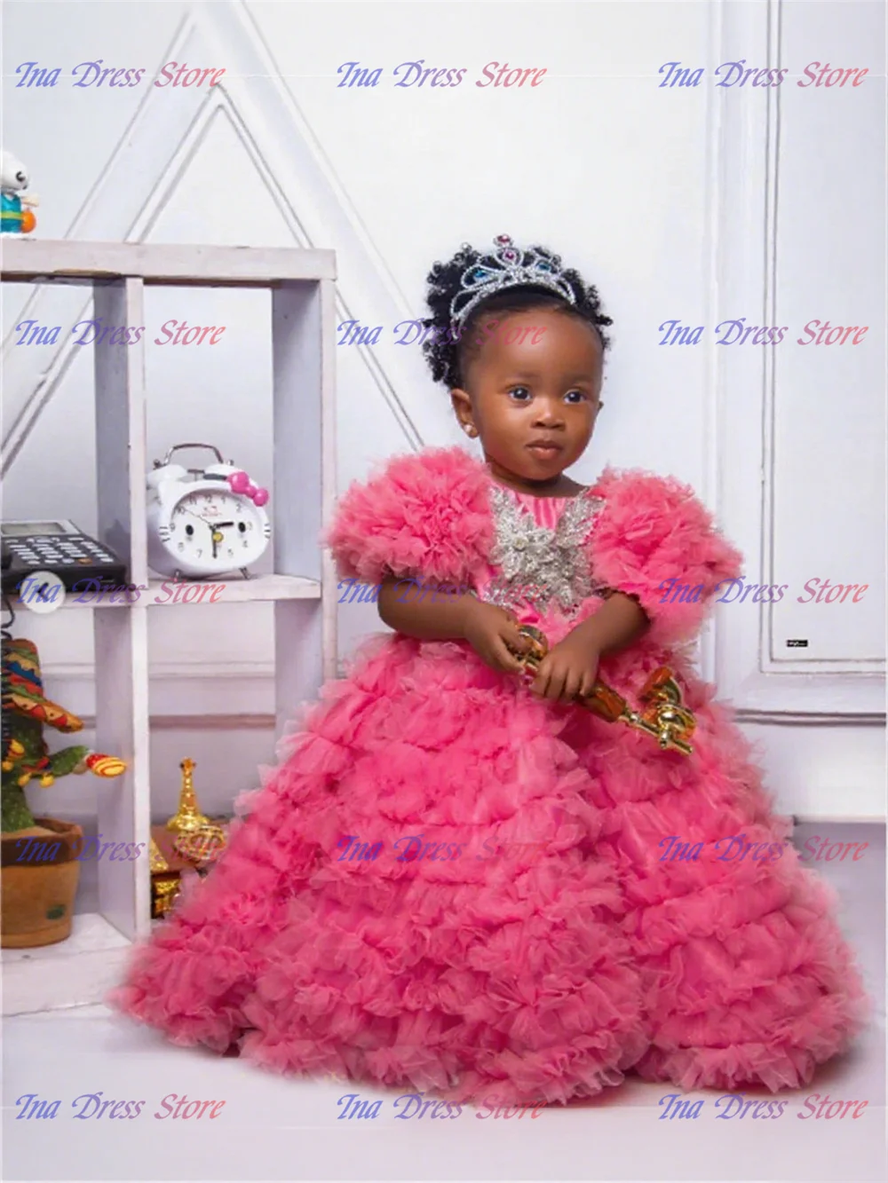 

Elegant Layered Tulle Fluffy Flower Girl Dress With Bow Kids Girls Wedding Birthday Party Evening Beauty Pageant Banquet Gowns