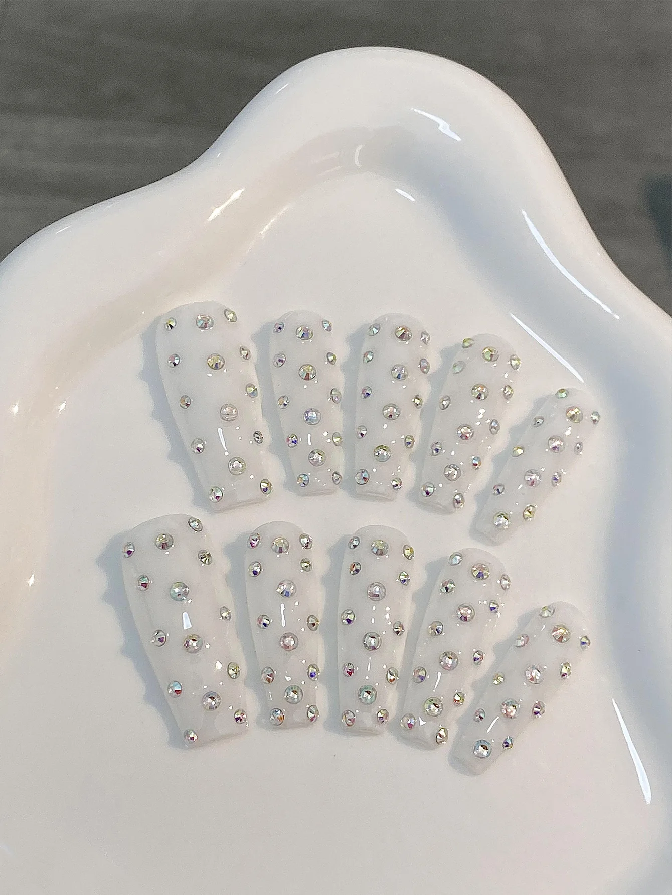 Sparkle Milky White Rhinestone Wearable Nails, Long Coffin Press On Nails, Scattered AB Crystals, Glossy Elegant Nail Art