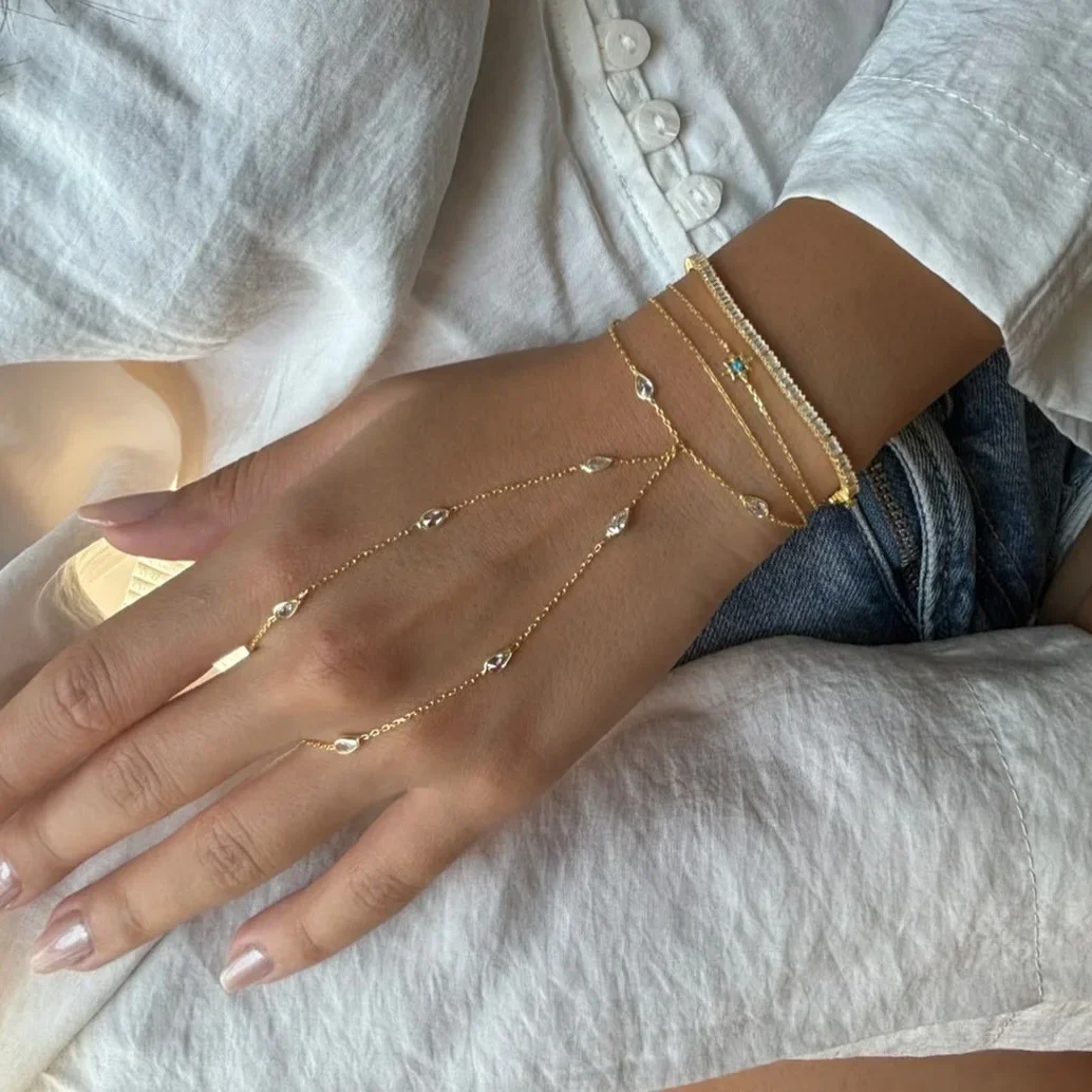 2025 New Elegance Fashion Women Hand Chain Bracelet With Ring Gold Color Tear Drop CZ Geometric Jewelry