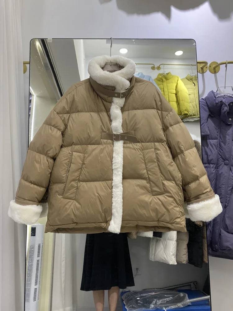 Lamb Wool Patchwork White Duck Down Down Jacket Women 2024 Winter New Stand Up Collar Locomotive Style Warm Cool Coat Winproof