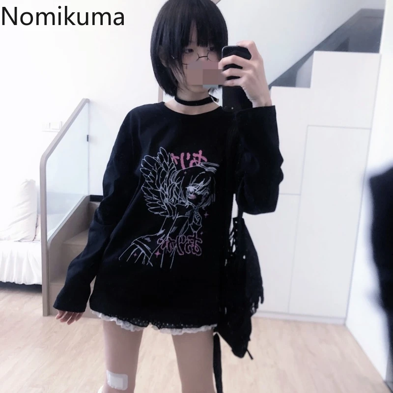 2023 Ropa Mujer Japanese Woman Tshirts Long Sleeve Anine Print O-neck Teees Casual Chic Y2k Tops Sweet White Oversized T Shirt