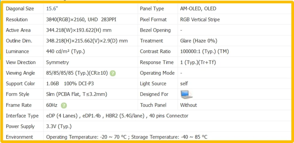 ATNA56WR18 15.6 inch Laptop Display OLED Screen No-touch Slim IPS Panel 4K UHD 3840x2400 EDP 40pins 60Hz