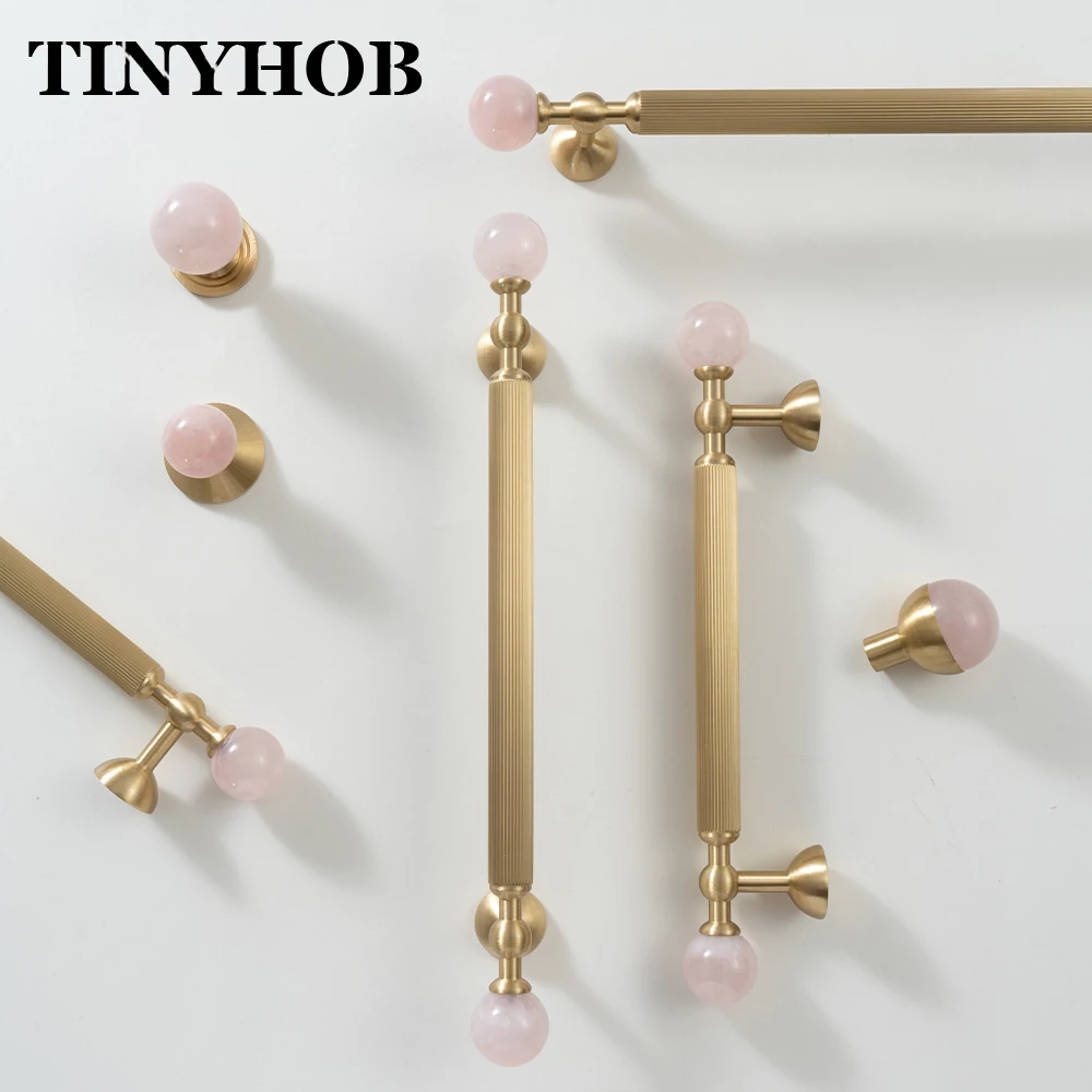 Pink Rose Quartz + Brass Cabinet Pulls,Natural Crystal Ball Knobs for Kitchen Cupboard Dresser Wardrobe, Gold Furniture Hardware