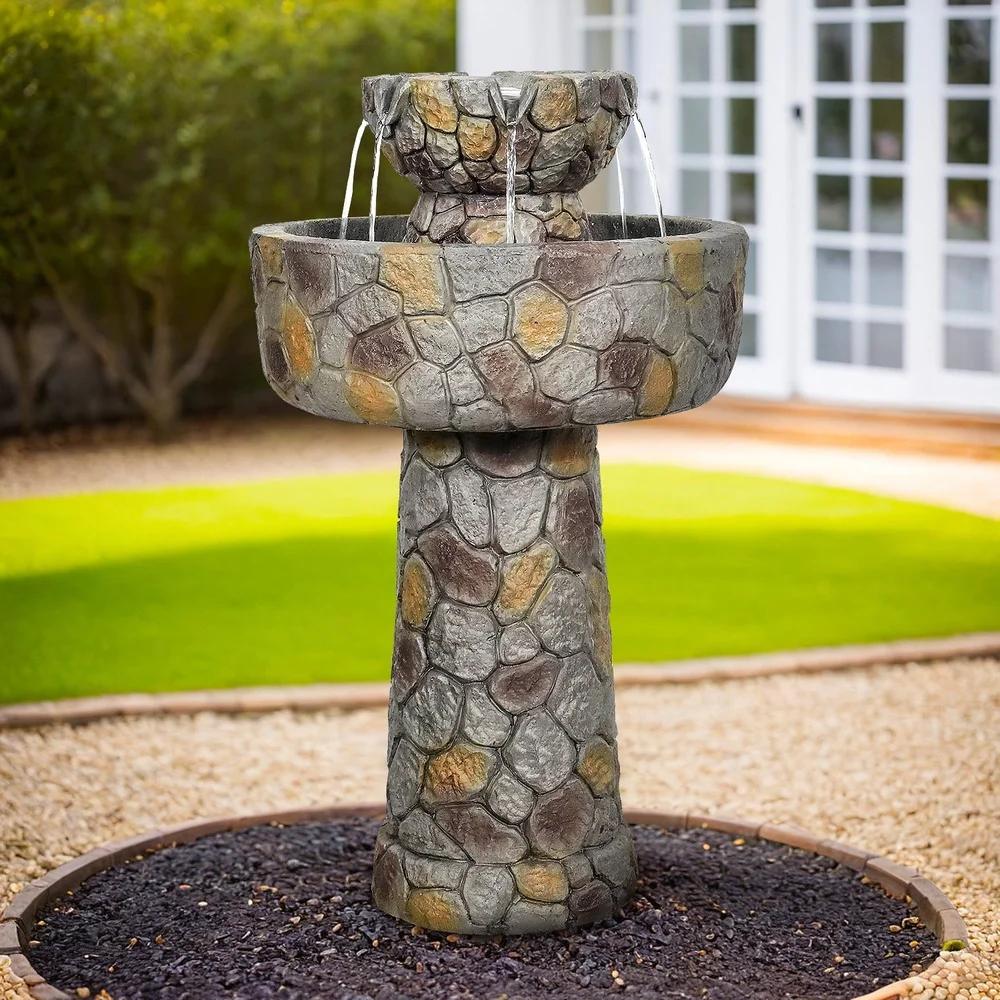 Fuente de agua para exteriores de 25,7 pulgadas, baño de pájaros de dos niveles, decoración de jardín, cascada relajante, cubierta de Patio, patio trasero