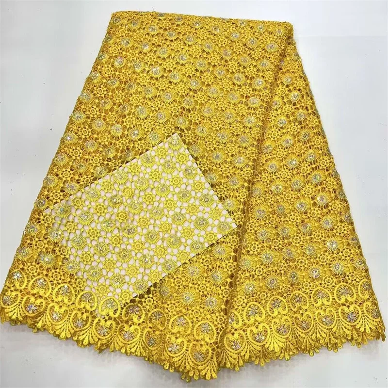 

2024 Yellow High Quality African Nigerian Tulle Lace Fabric Cotton Wedding Party Dress Sequins For Sewing Water Soluble 5Yards