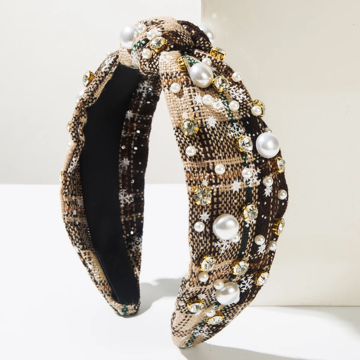 Christmas Day Series Creative Snowflake Design Color Block Plaid Fabric Diamond Studded Pearls Knotted Wide Edge Accessory