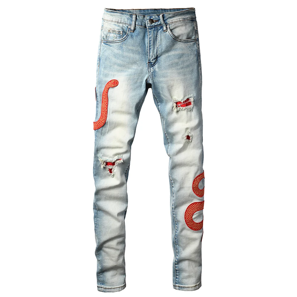 Men's Snake Embroidery Skinny Jeans Streetwear Red Leather Patch Pants Holes Ripped Distressed Denim Tapered Trousers