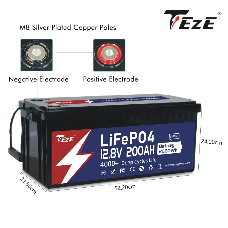 TEZE 12V 200AH Lifepo4 Battery Pack 2560Wh 100% Full Capacity Power Built-in BMS DIY 24V 48V for RV Boat Golf-Cart Tax Free