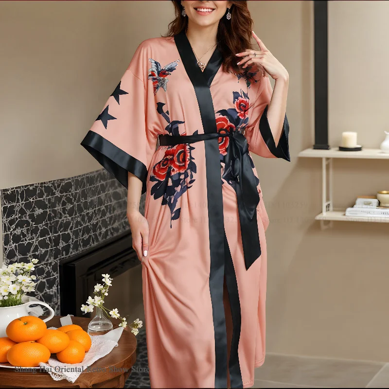 

Длинное кимоно с цветочным принтом, халат, пеньюар, сексуальный халат из ледяного шелка, домашнее платье, свободная повседневная женская одежда для сна, ночная рубашка, нижнее белье