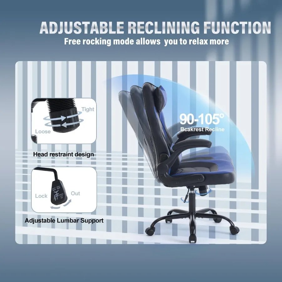 DUMOS Cadeira ergonômica para jogos, escritório, com braços articulados, para adultos, altura ajustável, couro PU, videogame, computador, chai