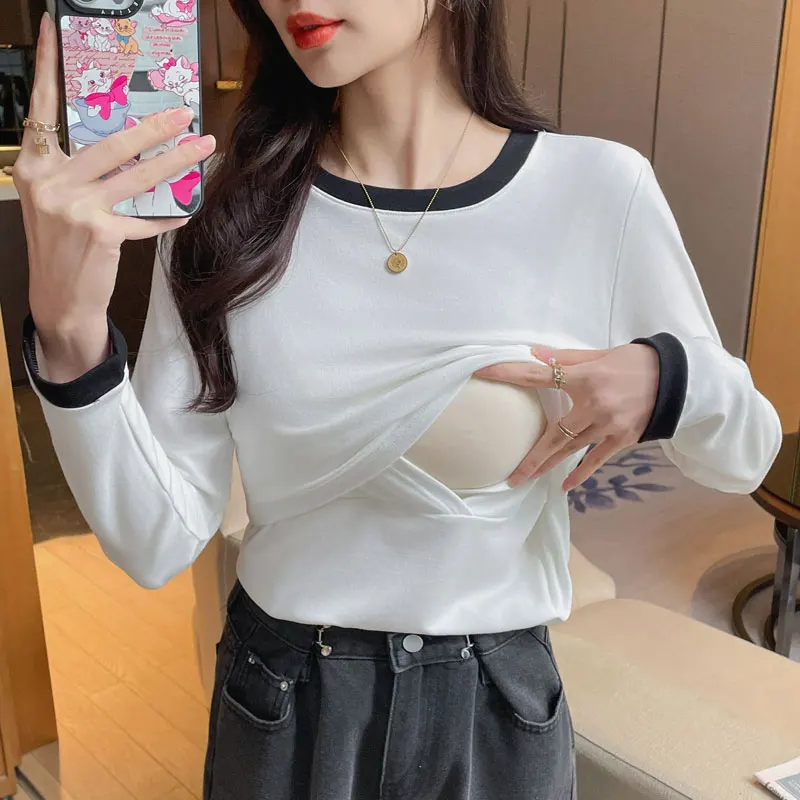 

Long Sleeve Nursing Clothes for Autumn/Winter - Pure Cotton Breastfeeding T-Shirt Soft & Versatile Postpartum Nursing Base Tees