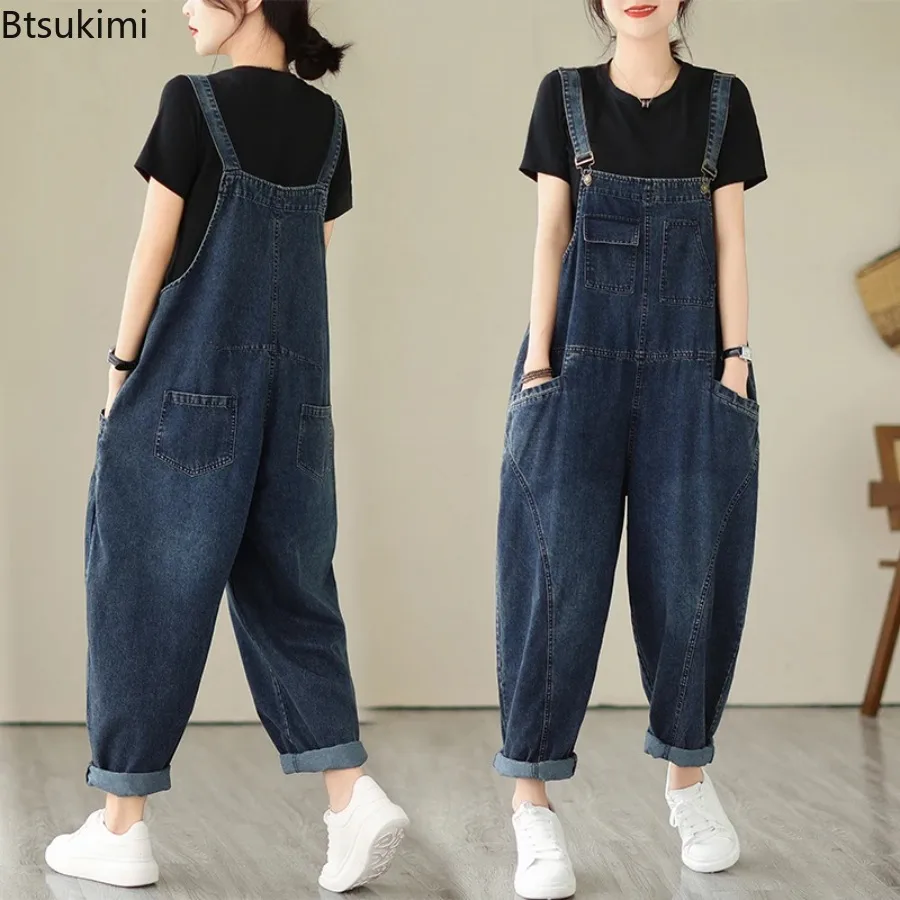 Spring Autumn Fashion Women's Multi Pocket Cargo Suspender Jeans Female Vintage Patchwork Denim Overalls Casual Loose Jumpsuits