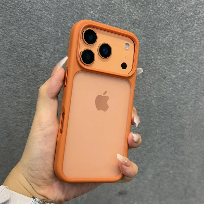 

Luxury Orange Shield Matte Transparent Phone Case For iPhone 17 Pro Max 17 Pro 17 New Metal Buttons Skin Feel Shockproof Cover