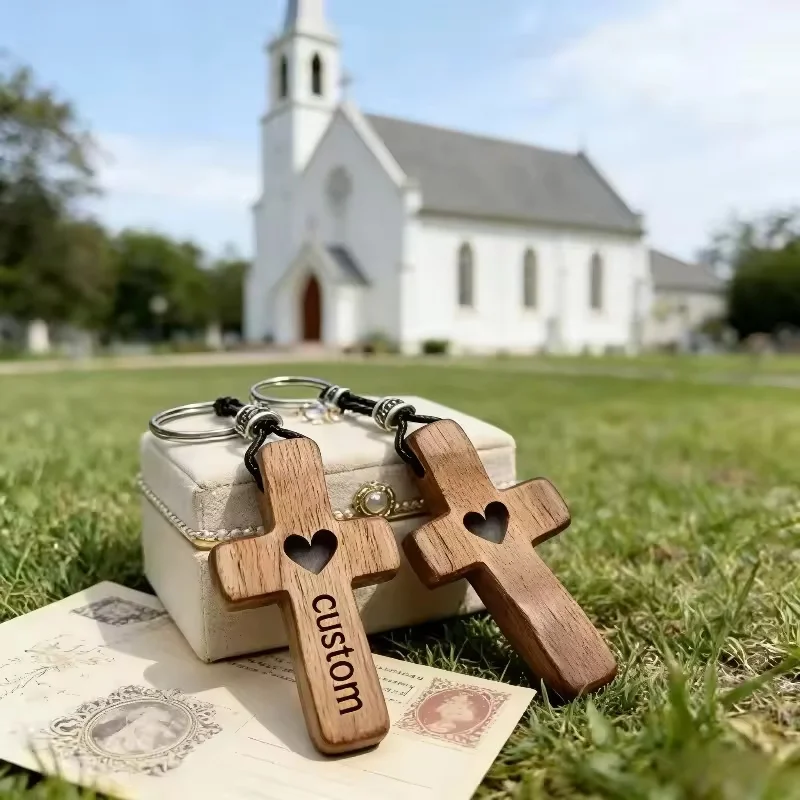 Handmade Black Walnut Wooden Cross Keychain Fingertip Stress Relief Pocket Gift Custom Logo Blank Laser Engrave Keyring