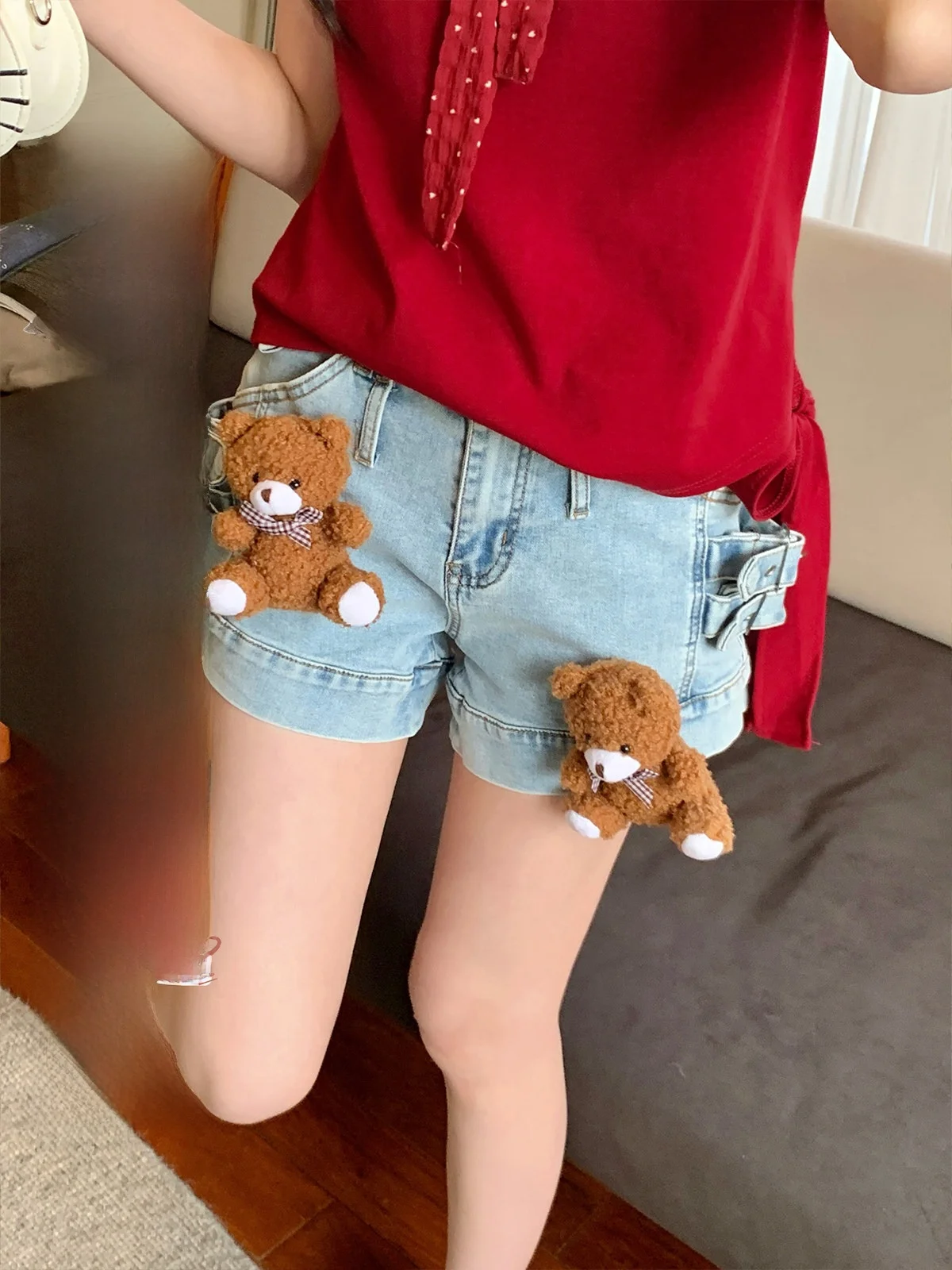 

Bibi Bency High Waist Slimming Straight Leg Washed Denim Shorts Women's Summer Thin Jeans Shorts Bear Pattern Casual Fashion