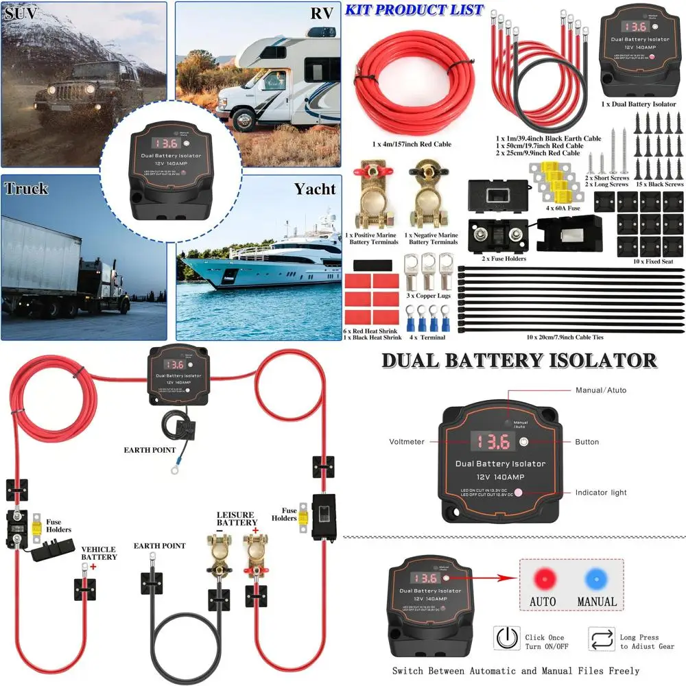 عازل بطارية 12 فولت مع طقم كابل 16.4 قدم 7AWG، طقم مرحل شحن سبليت 140 أمبير، مرحل تحسس الجهد، عازل ذكي تلقائي وات #1