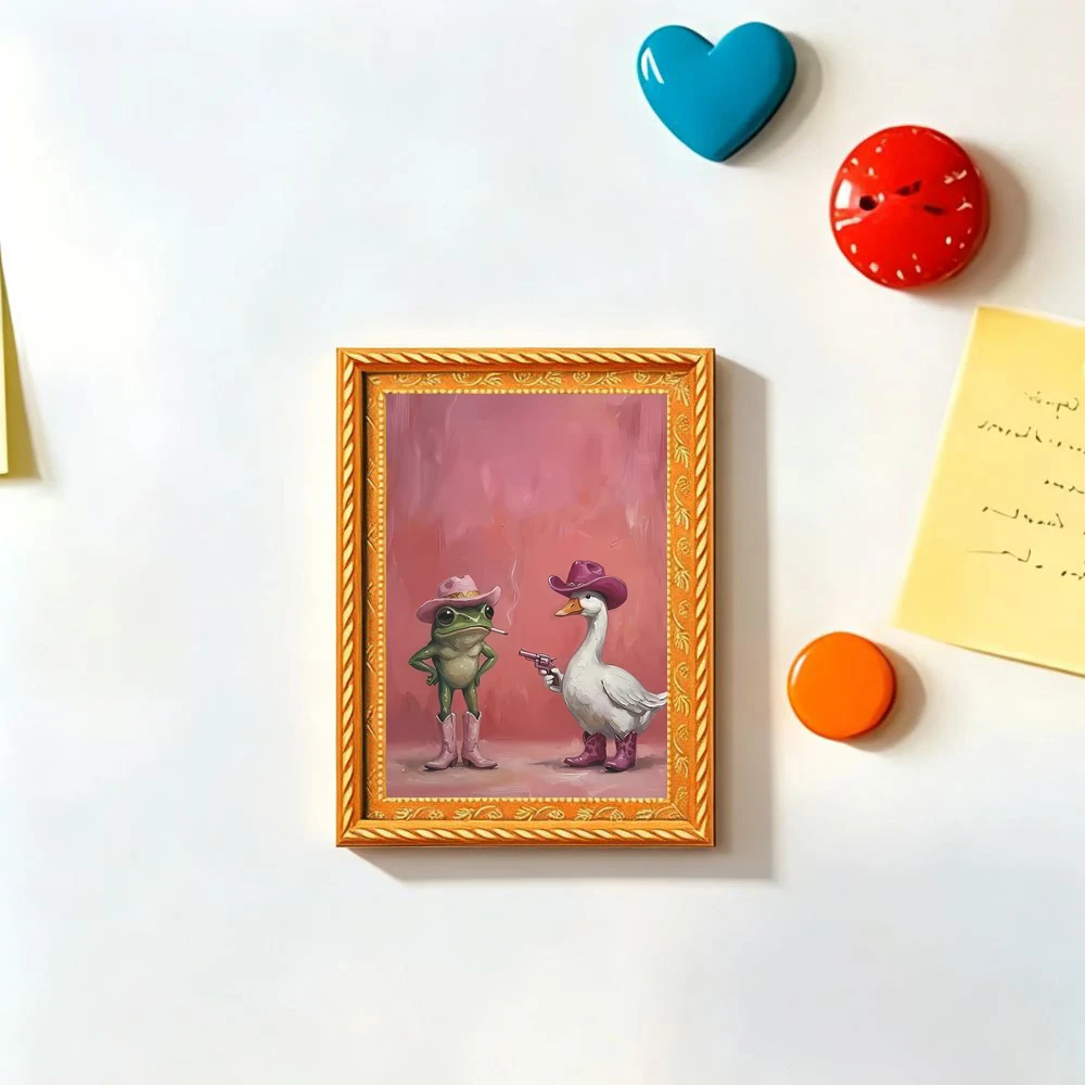 1 Piece of Quirky Cowboy Frog and Duck Western Duel Photo Frame Fridge Magnet, Vintage Oil Painting Fun Magnet, Mini Style Design, Suitable for Kitchen Fridge Door Decoration, Fun Gifts and Holiday Favors, Creative Magnets That Add Joy to Life