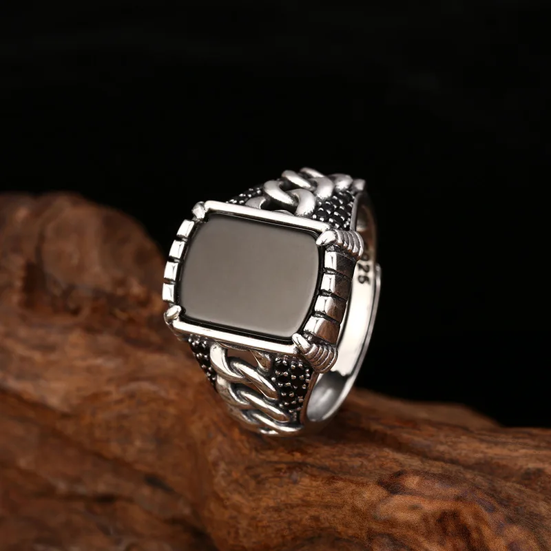 S925 Sterling Silver Black Agate Adjustable Ring Punk Style Old Process Free Size Women Fine Jewelry FYRNG160