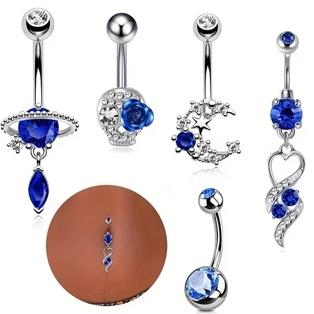 5PCS Pink Crystal Belly Button Rings Set Purple Heart Navel Piercing Bulk Green Flower Belly Rings Packs Piercing Ombligo Lots