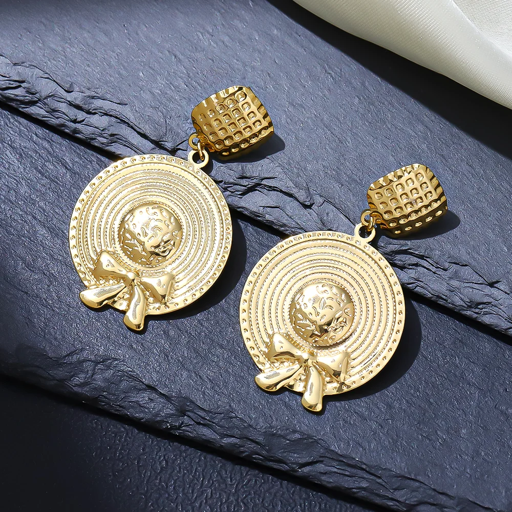 

Elegant Stainless Steel Pendant Earrings, Fashionable Round Textured Bow Gold Color Women's Earrings, Exquisite Jewelry Gift