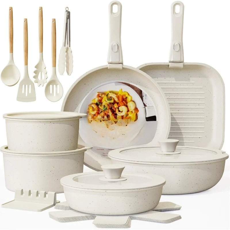 

23 Pcs Pots and Pans Non Stick Ceramic Cookware Set Detachable Handle, RV Stackable Kitchen Cooking Set Removable