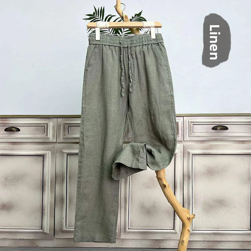 High-End Pure Linen Men's Summer Cotton Linen Pants Loose Straight Leg Casual Long Trousers Spring Autumn Straight Cut Trousers