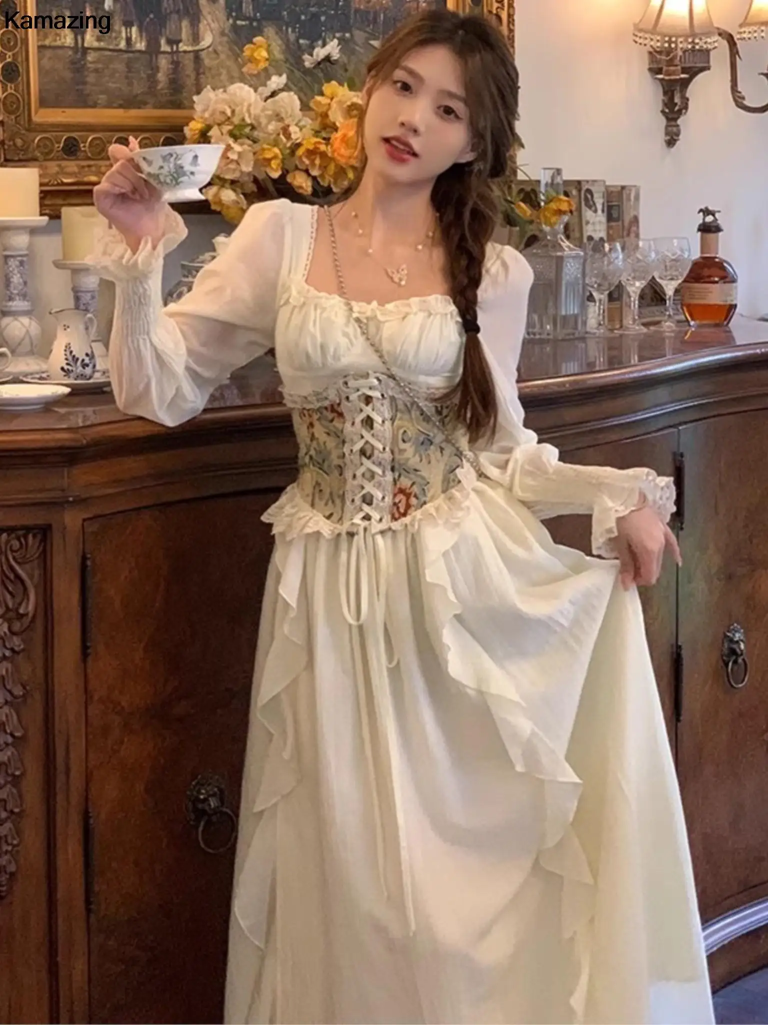 Vintage European Corset Midi Dress French Elegant Square Collar Lantern Sleeve Princess Vestidos Women Spring Autumn Clothing