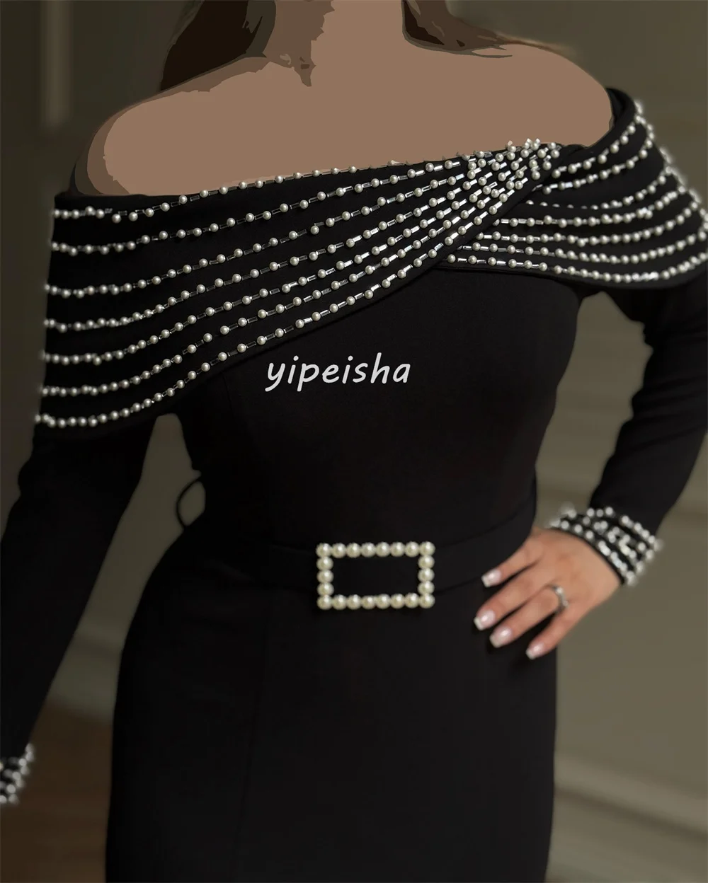 Op maat gemaakte prachtige casual jersey parel sjerp strass zeemeermin off-the-shoulder lange jurken op maat gemaakte gelegenheidsjurken mode