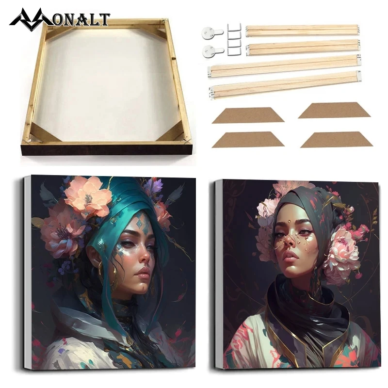 Monalt Flowers Headscarf Woman Luxury Poster Prints With Frame Arab Female Wall Art Canvas Painting Abstract Figure Pictur