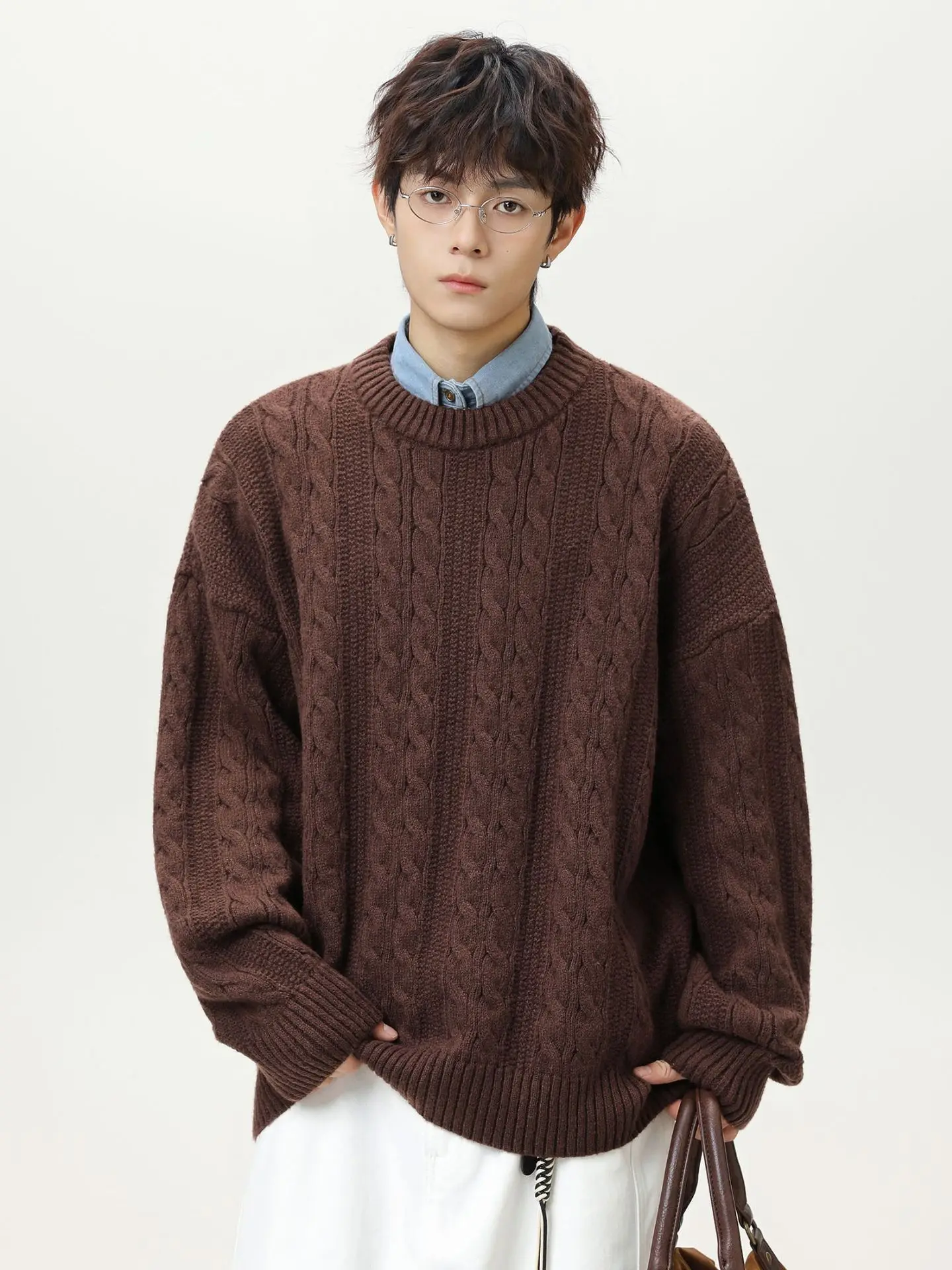 

Retro round Ne Knitted Sweater Men's Autumn Winter Loose Fit Color Twist Line Knitwear Casual Outerwear