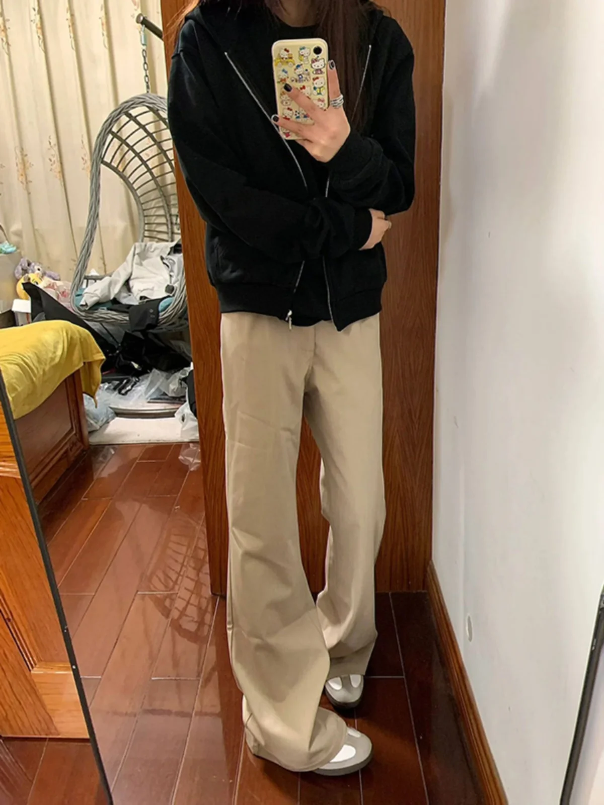 

Khaki Casual Men's Summer Thin Straight Leg Pants Slimming Drapey Flared Long Trousers Polyester Fiber Cool Sle Youth Faion