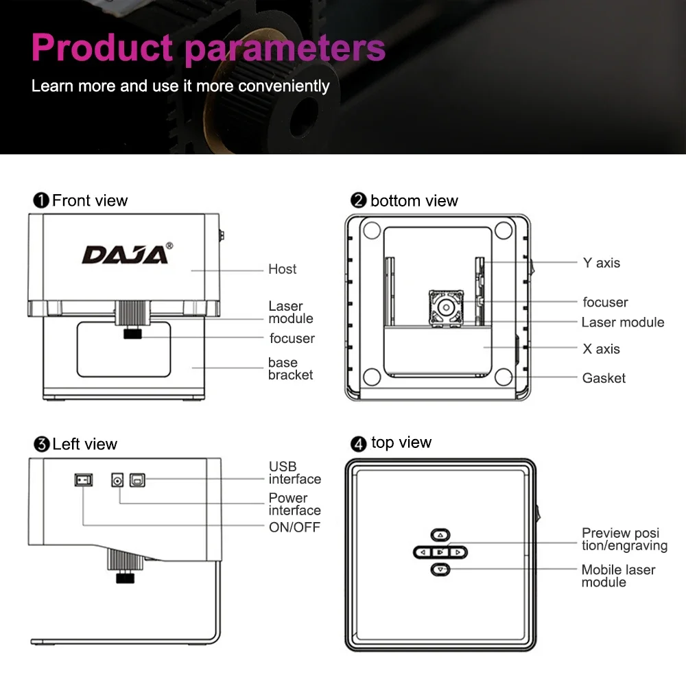 DAJA DJ6 Mini Portable Laser Engraver 3000mw DIY Bluetooth Machine Painted Dog Tag Paper Leather Wooden Plastic Logo CNC Machine