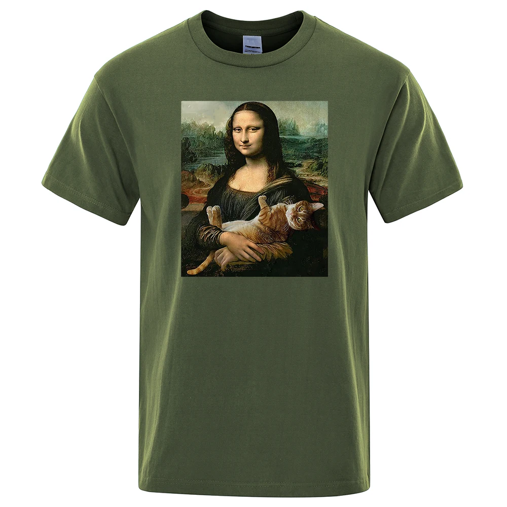 Mens T Shirts Mona Lisa Hugging Cat Lovely Cute Printed T-Shirt For Men O-Neck Gothic Male Tshirt Harajku Tee Shirts Hip Hop