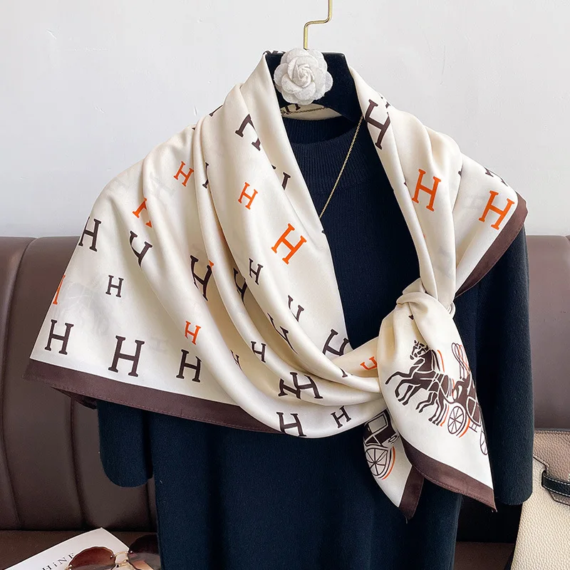 New H-letter imitation silk scarf 90cm luxurious carriage pattern twill silk square scarf elegant temperament women's shawl