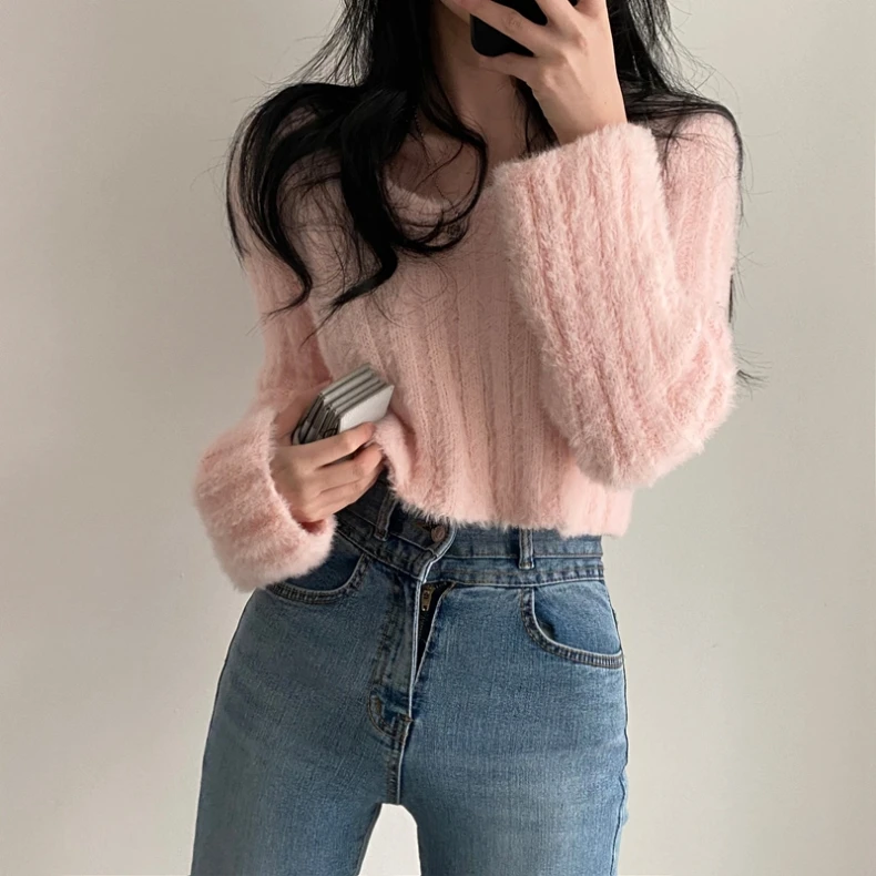 V-neck Short Knit Pullovers Women Fall Winter Korean Casual Loose Long-sleeved Sweater Tops 4 Colors