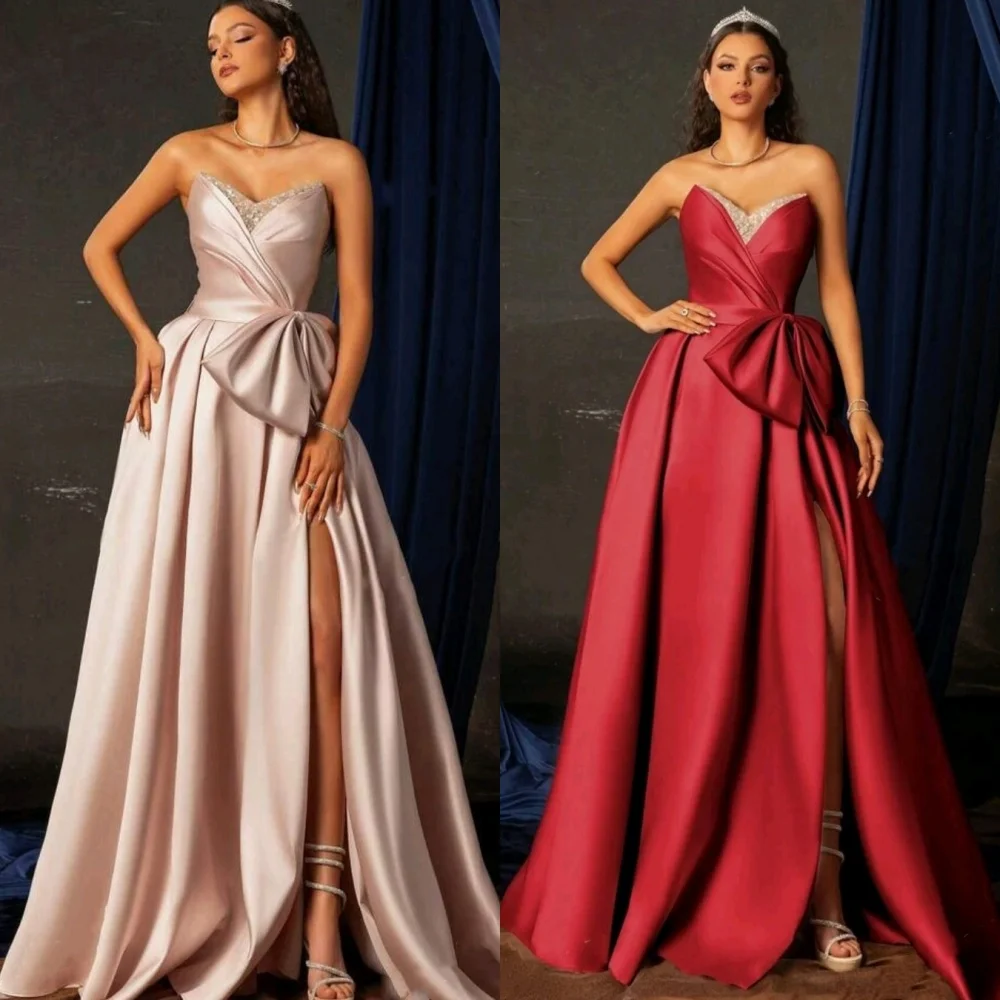 

Customized High Quality Exquisite Charmeuse Sequined Draped Bow A-line Sweetheart Long Dresses Bespoke Occasion Dresses Classic